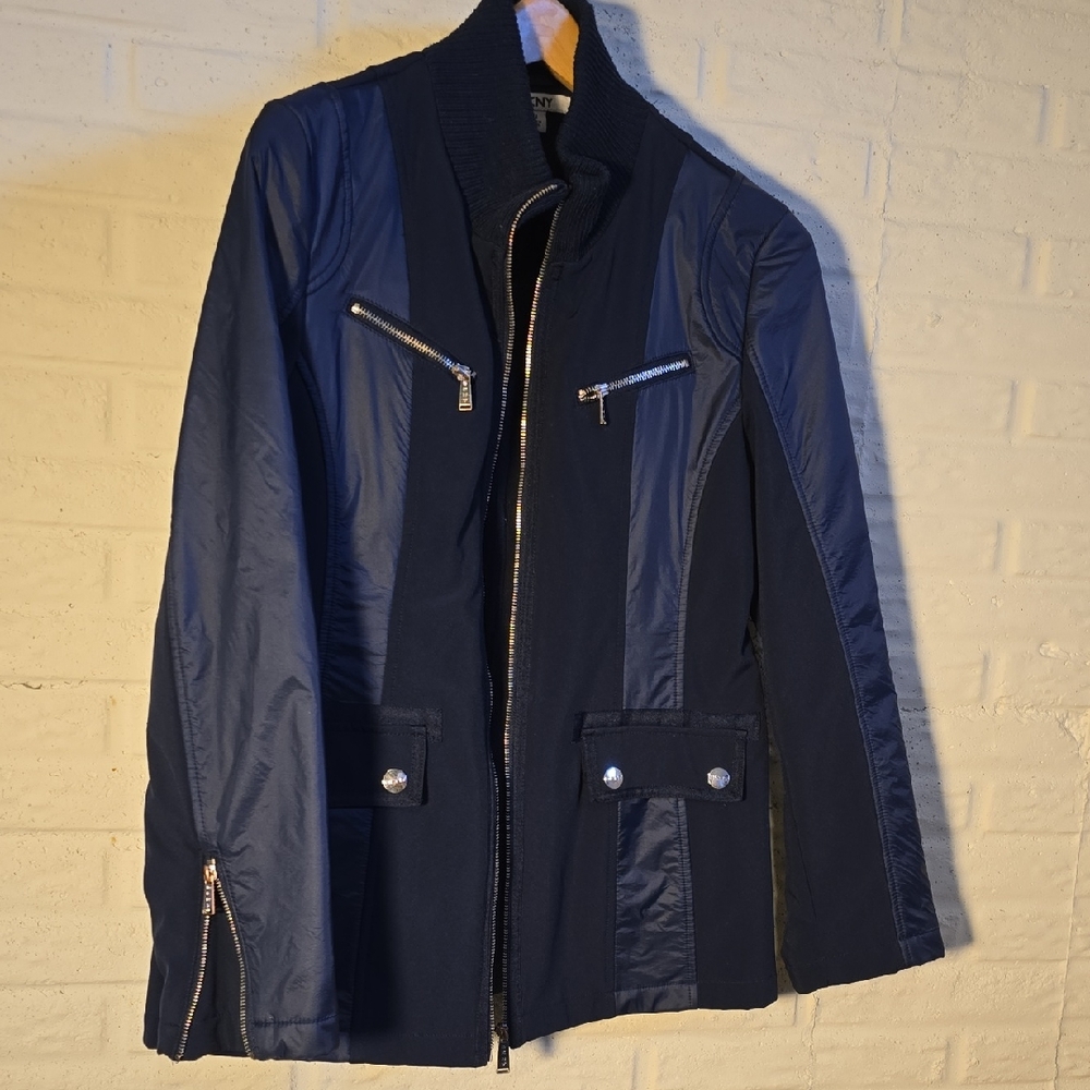 DKNY Navy Jean Jacket with Zipper Accents